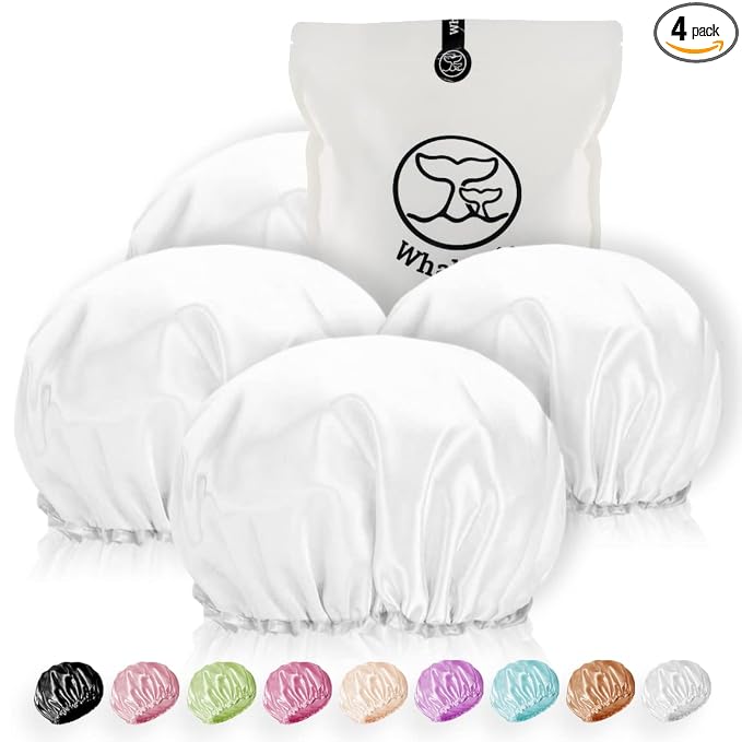 Shower Cap for Women Reusable Extra Large Shower Cap for Men (White 4 Pack Large) Satin Double Layer EVA Waterproof Long Hair Cap | Double Layer 100 Percent Dry Jumbo Oversized Fits Thick Hair Smooth Lining Prevents Hair Frizz Snug Elastic Band No Pres...