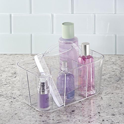mDesign Small Plastic Shower/Bath Storage Organizer Caddy Tote with Handle for Dorm, Shelf, Cabinet - Hold Soap, Shampoo, Conditioner, Combs, Brushes, Lumiere Collection, Clear