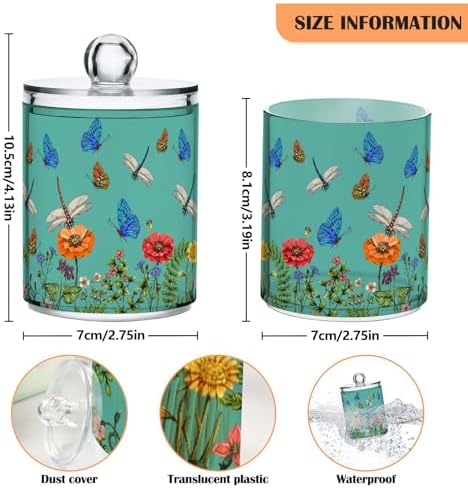 MNSRUU 4 Pack Qtip Holder Dispenser Colorful Dragonfly Bathroom Storage Canister Cotton Ball Holder Bathroom Containers for Cotton Swabs/Pads/Floss