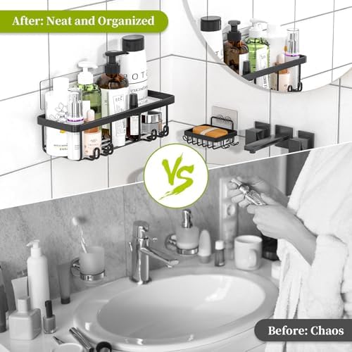 Adhesive Shower Caddy, 5 Pack Rustproof Stainless Steel Bathroom Organizers and Storage, Large Capacity Bathroom Organizer, No Drilling Shower Shelves, Black