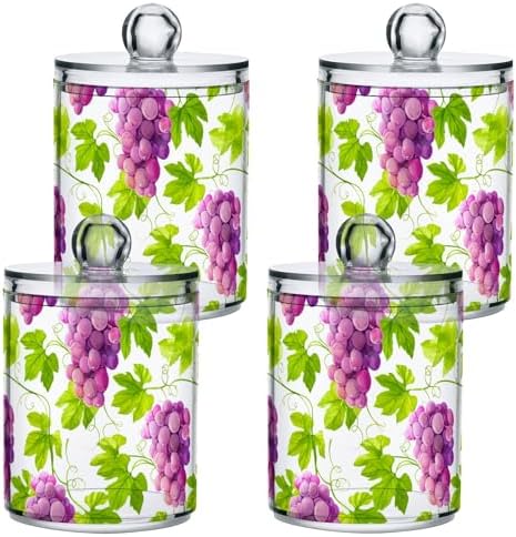 DOMIKING Watercolor Grape White 2 Pack Cotton Swab Holder Dispenser Plastic Jar Bathroom Storage Canister Acrylic Containers for Cotton Ball Floss Picks Hair Clips