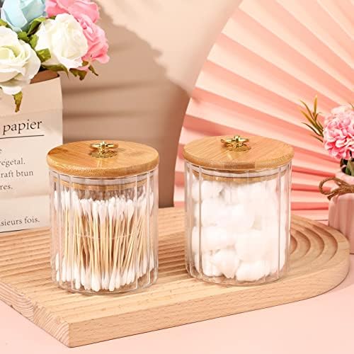 Irenare 2 Pack Glass Jars with Bamboo Lids, Bathroom Cotton Ball Holder
