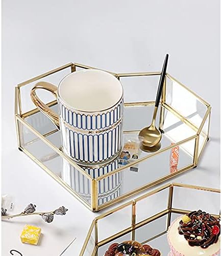 Heart-Shaped Vintage Gold Mirror Glass Vanity Tray,Ornate Geometric and Brass Plated Display Storage Organizer for Makeup Brushes/Lipstick/Skincare/Perfumes/Beauty Room/Bathroom Accessories