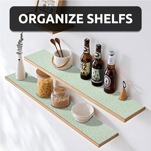 18X384 Inch Shelf Liner with Scissor & Tape Measure for Kitchen Cabinets, PVC Drawer Liner for Dresser Non-Slip Bathroom, Non-Adhesive Cabinet Liner Washable (Green)