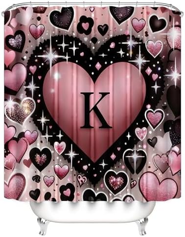 AZHM 4pcs Shower Curtain Set K Heart Print Bathroom Sets with Rugs 71*71 in