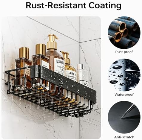 KINGRACK Shower Caddy Adhesive 4-Piece Rust-Resistant Shower Shelves, No-Drill Bathroom Shower Organizer with Large Capacity for Bathroom, Kitchen, and Laundry,Black