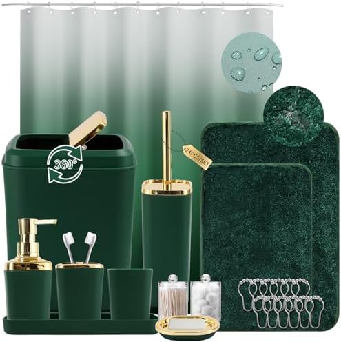 XLHOMO Green Bathroom Set, Bathroom Sets with Shower Curtain and Rugs