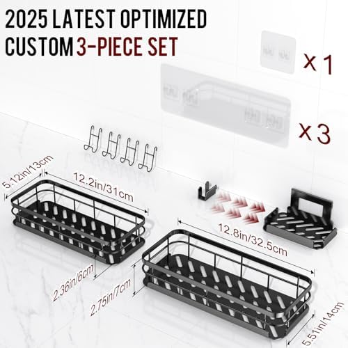 Getsrichfc Large Capacity Shower Caddy, Heavy-Duty Adhesive Shower Organizers with Custom Aesthetic Design Soap, No Drilling Corner Shower Shelves, 5 Hooks for Bathroom Accessories, 3 Pack