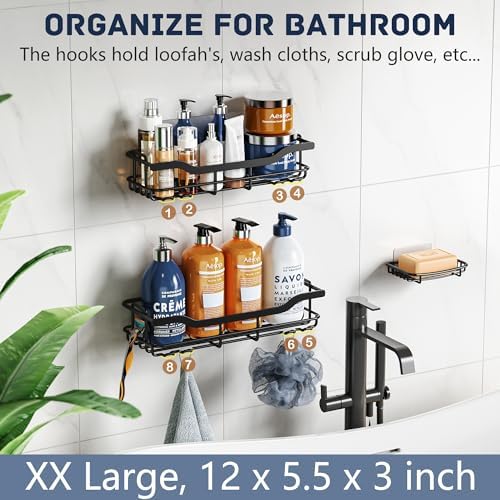 OMAIRA 3-Pack Shower Caddy with Soap Holder, Adhesive Rustproof No-drill Strudy Loading Inside Shower Organizer Shelves Rack Storage Bathroom Organization for Smooth Wall Glass Tile, Black (XX-Large)