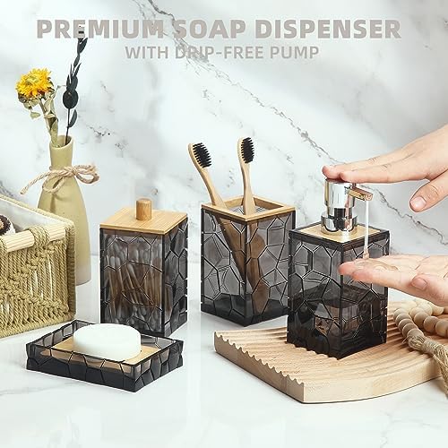 GAHEFY Black Grey Bathroom Accessories Set, Toothbrush Holder, Soap Dispenser, Cotton Swabs Holder, Soap Dish, Toilet Brush with Holder, Black Bamboo Bathroom Decor,Acrylic