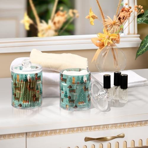 Christmas Dachshunds Clear Plastic Jars Set of 2, Clear Apothecary Plastic Jars Bathroom Canister for Cotton Pads, Cotton Ball, Cotton Swabs, Floss Picks 10 Oz