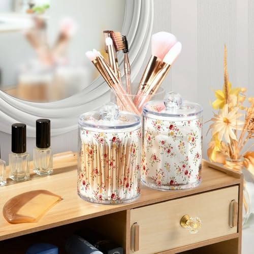 ALAZA Floral Rose Flower Watercolor 4 Pack Qtip Holder Dispenser for Cotton Swabs, Balls, Pads, Floss 10 oz Plastic Canister Organizer