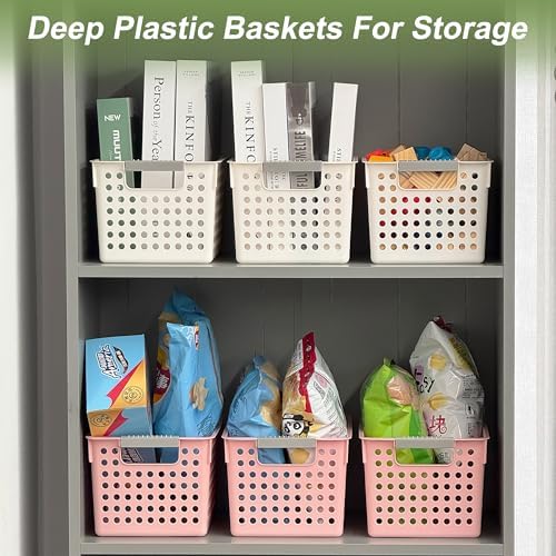 Soddeph 4 Pack Plastic Storage Basket with Handles, Small Deep Organizer Bin with Hollow Design for Under Counter, Shelf, Closet, Kitchen or Bathroom (Pink, Small)