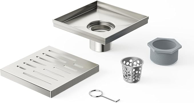 6 Inch Square Shower Drain, EMBATHER 304 Stainless Shower Floor Drain and Shower Drain Cover Included Hair Catcher and Leveling Feet, Brushed Nickel