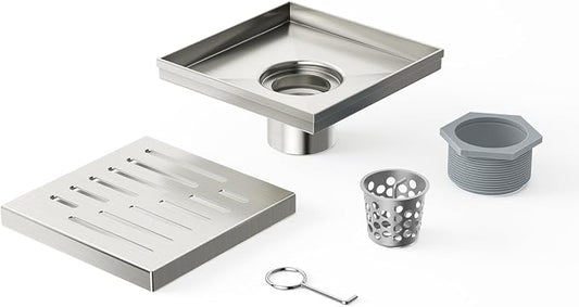 6 Inch Square Shower Drain, EMBATHER 304 Stainless Shower Floor Drain and Shower Drain Cover Included Hair Catcher and Leveling Feet, Brushed Nickel