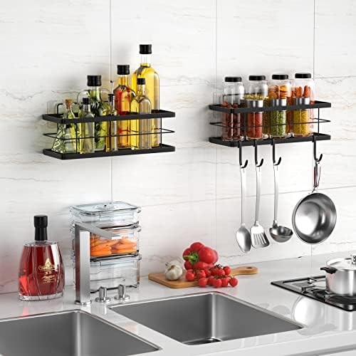 Large Shower Caddy Basket Shelf, 2 Pack, Bathroom Storage Organizer with 4 Hooks, Adhesive No Drilling Wall Mounted, SUS304 Stainless Steel Shower Organizer for Kitchen - Black