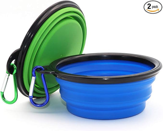 2-Pack Collapsible Dog Bowl, Foldable Expandable Cup Dish for Pet | Cat Food Water Feeding Portable Travel Bowl Blue and Green