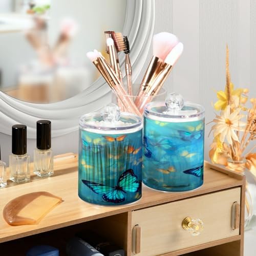 Blue Butterflies Qtip Holder 2 Pack - 10 Oz Clear Plastic Apothecary Jar Set for Bathroom Organization - Versatile Canister Storage for Cotton Balls, Swabs, Rounds