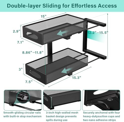 Under Sink Organizer, 2-Pack of 2-Tier Metal Slide Out Pull Out Cabinet Organizer Shelf, Height Adjustable Organization and Storage Series, Bathroom/Desktop/Cabinet/Kitchen Organization, Black