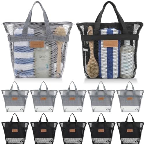 Patelai 12 Pcs Mesh Shower Caddy Bags Bulk, Quick Dry Portable, Black,Grey