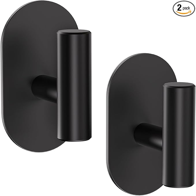 Aikzik Black Adhesive Hooks Heavy Duty, Wall Hooks for Shower, Bathroom, Towel, Coat, Robe, Stainless Steel Hooks for Hanging, Waterproof & Rustproof Sticky Hooks for Walls No Damage- 2 Pack