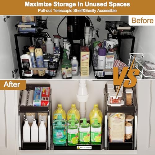 NIUXX Expandable Under Sink Organizer: 2 Tier Under Cabinet Organizer - Double Pull Out Shelf Under Sink Storage for Kitchen - Bathroom and Laundry Room - Space Saving