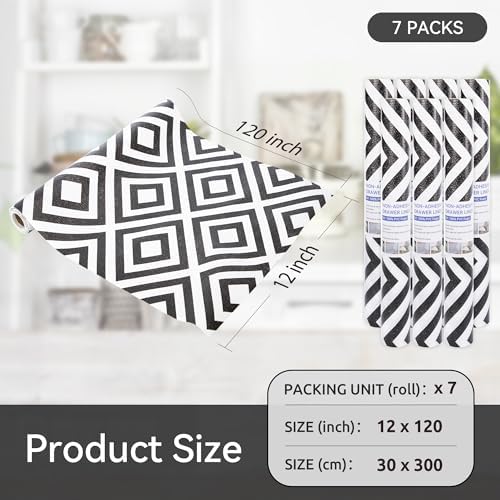 FIFTY FEET 12"x120" Non-Adhesive Shelf Liner for Kitchen Cabinets and Drawers, Washable Non-Slip PVC Cabinet Liner (Black Plaid)(7 Roll)