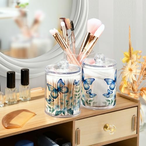 MNSRUU 2 Pack Qtip Holder Organizer Dispenser Flower Butterfly Pink Bathroom Storage Canister Cotton Ball Holder Bathroom Containers for Cotton Swabs/Pads/Floss