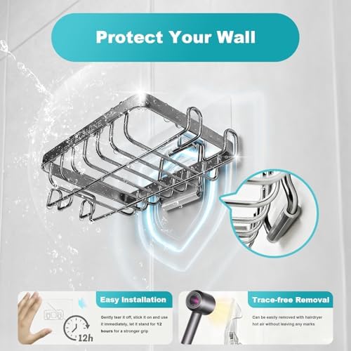 Soap Dish for Showr - 304 Stainless Steel Bathtub Tray Suction Cup Square Shower Soap Holder - A Must-Have for Comfortable Apartment, Home and Dormitory Bath Laundry Kitchens