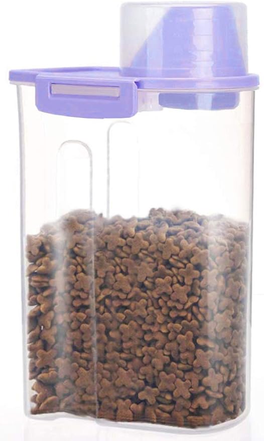 Pet Food Storage Container with Measuring Cup, Pour Spout and Seal Buckles Food Dispenser for Dogs Cats (Purple)