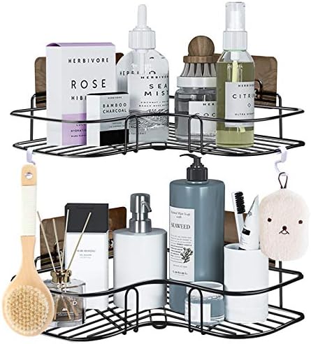 Corner Shower Caddy 2-Pack, Shower Shelves with 8 Pack Powerful Adhesive Hooks, 2-in-1 Bathroom Organizer Storage for Toilet, Kitchen, and Dorm