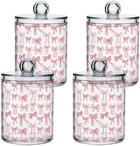 Gredecor 4 Pack Qtip Holder Clear Aesthetic Pink Ribbon Bow Doodle Apothecary Jars with Lids Acrylic Bathroom Jars Vanity Countertop Canister Storage Organizer for Cotton Ball,Swabs,Pads,Floss