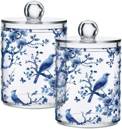 Blue White Porcelain Qtip Holder 4 Pack - 10 Oz Clear Plastic Apothecary Jar Set for Bathroom Organization - Versatile Canister Storage for Cotton Balls, Swabs, Rounds