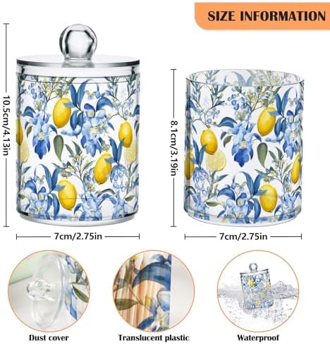 4 Pack Qtip Dispenser 10 Oz Apothecary Jars with Lids Sicilian Style Lemons and Blue Flowers Bathroom Storage Organizer for Cotton Ball, Swab, Floss, Makeup Sponges, Hair Clip