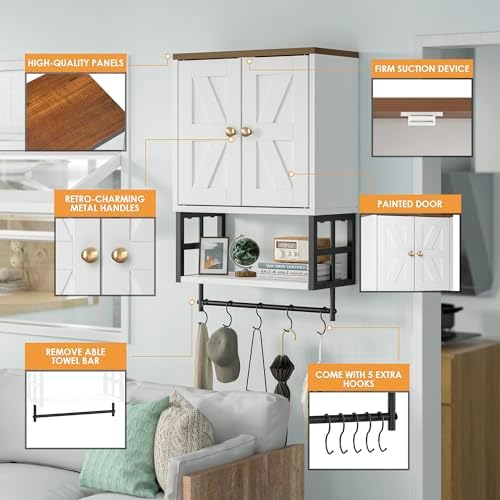 Bathroom Wall Cabinet, Farmhouse Medicine Storage with Towel Bar, White