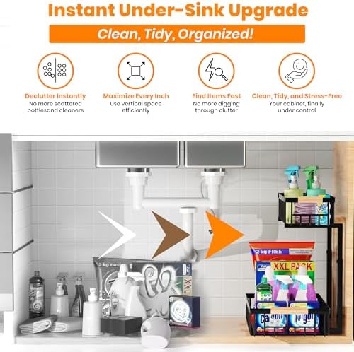 Under Sink Organizer, 2-Tier Pull-Out Cabinet Organizer – Adjustable Height, Left or Right Install – Smooth Slide-Out Drawers, Heavy-Duty Metal Rack for Kitchen & Bathroom, 1 Pack
