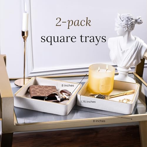 2 Pack White Catch All Trays for Jewelry| Small Leather Valet Tray| Key Bowl for Entryway Table EDC Trinket Tray CatchAll| Perfume Trays for Dresser Organizer Perfume Holder (Set of 2)