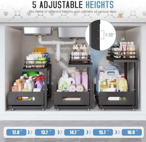 Under Sink Organizer Upgrade To Professional Rails,2-Tier Dual Pull Out Cabinet Storage,Height Adjustable Slide Out Drawers For Bathroom Kitchen,2 Pack-16.7"Dx12.8"-16.9"H,Black