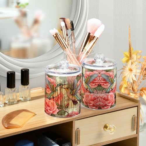 MNSRUU 4 Pack Qtip Holder Organizer Dispenser Flowers and Hummingbirds Pink Bathroom Storage Canister Cotton Ball Holder Bathroom Containers for Cotton Swabs/Pads/Floss