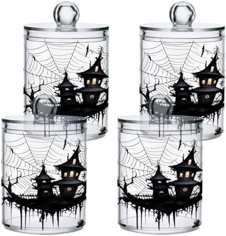 4 Pack Qtip Holder Dispenser with Lids, Halloween Spiderweb House Plastic Storage Containers, Bathroom Canisters Organizer for Cotton Ball, Swab, Round Pads, Floss 21214435