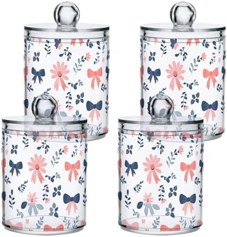 ALAZA Bow Flower Floral Print 4 Pack Qtip Holder Dispenser for Cotton Swabs, Balls, Pads, Floss 10 oz Plastic Canister Organizer