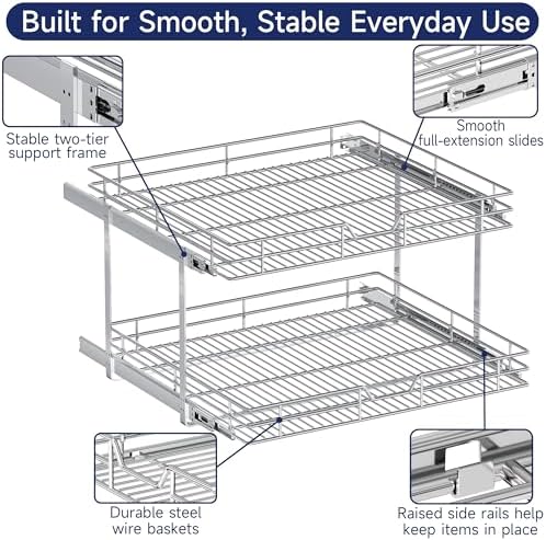 2-Tier Pull Out Cabinet Organizer, 27" W x 21.5" D, Heavy Duty Dual Slide Out Shelves for Wide Base Cabinets, Chrome Wire Basket Drawer for Pots, Pans, Pantry & Cleaning Supplies