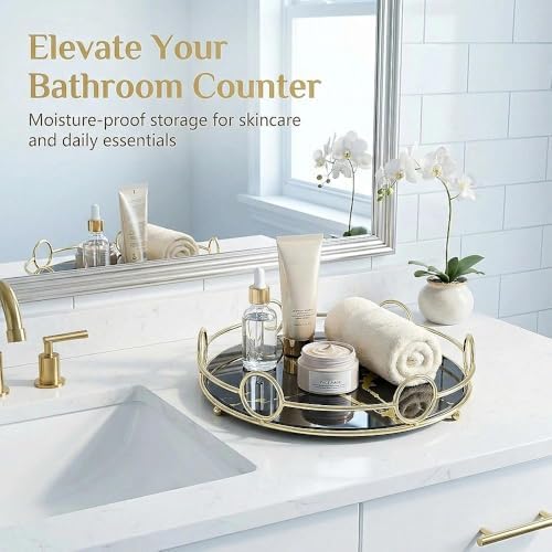 Makeup Organizer Tray, Decorative Glass Vanity Tray for Perfume, Jewelry and Decor, Round Cosmetic Storage for Dresser, Bathroom Counter, Ottoman and Coffee Table, Size 11.4”D x 2.4”H