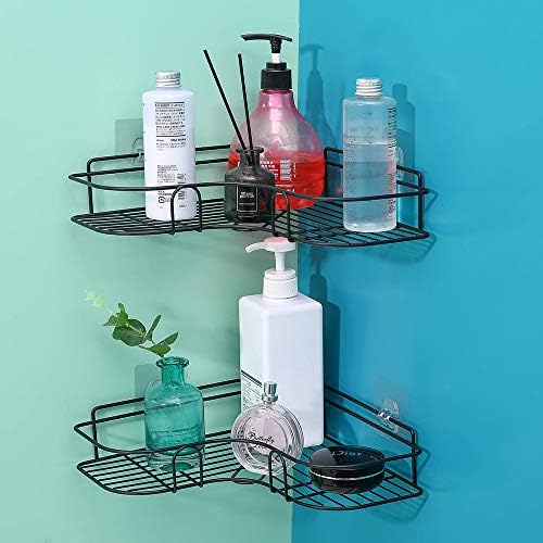 LAIGOO Adhesive Shower Caddy, Metal Bathroom Corner Shelf Hanging, Non-Drilling Floating Shelf for Bathroom Organizer/Kitchen/Shower Organizer(1 Pack, Black)