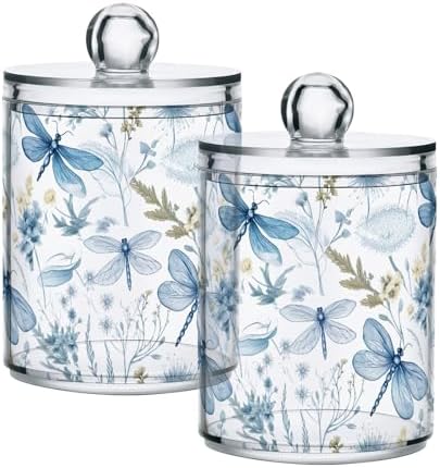 2-Pack Qtip Holder Dispenser with Lids, Blue Floral Dragonflies Plastic Storage Containers - Bathroom Canisters Organizer for Cotton Swab, Floss 21215128