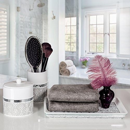 Creative Scents Mirror Damask Gray & White Cotton Swab/Qtip Holder with Lid