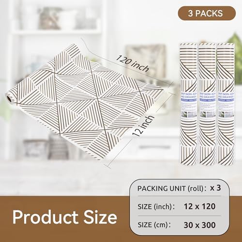 FIFTY FEET 12"x120" Non-Adhesive Shelf Liner for Kitchen Cabinets and Drawers, Washable Non-Slip PVC Cabinet Liner (Brown Modern)(3 Roll)