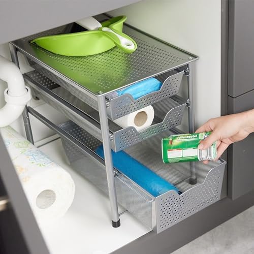 Relaxdays Drawer Shelf, Stackable Office Organiser, 3 Pull-Out Baskets, Metal, Kitchen, Bathroom, HBT: 35 x 28 x 42.5 cm, Black