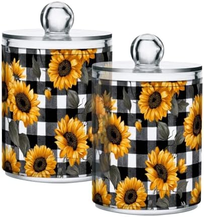 ALAZA Bathroom Canister Set of 2 Sunflower Black White Plaid Qtip Holder Dispenser Clear Plastic Apothecary Jars with Lids Bathroom Organizer Storage Containers for Cotton Swab, Ball, Pads, Floss