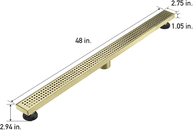 AVSIILE Linear Shower Floor Drain, Brushed Gold 48 Inch 304 Stainless Steel Bathroom Drains Kit, Long Rectangular Shower Trench Drain with Square Pattern Drain Cover & Hair Catcher